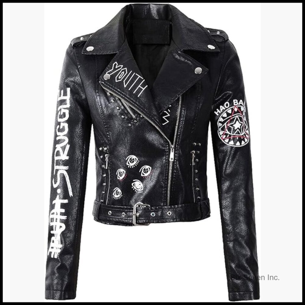Faux Leather Punk Biker Jacket with Belt and Rivet Decoration - Picture 1 of 7